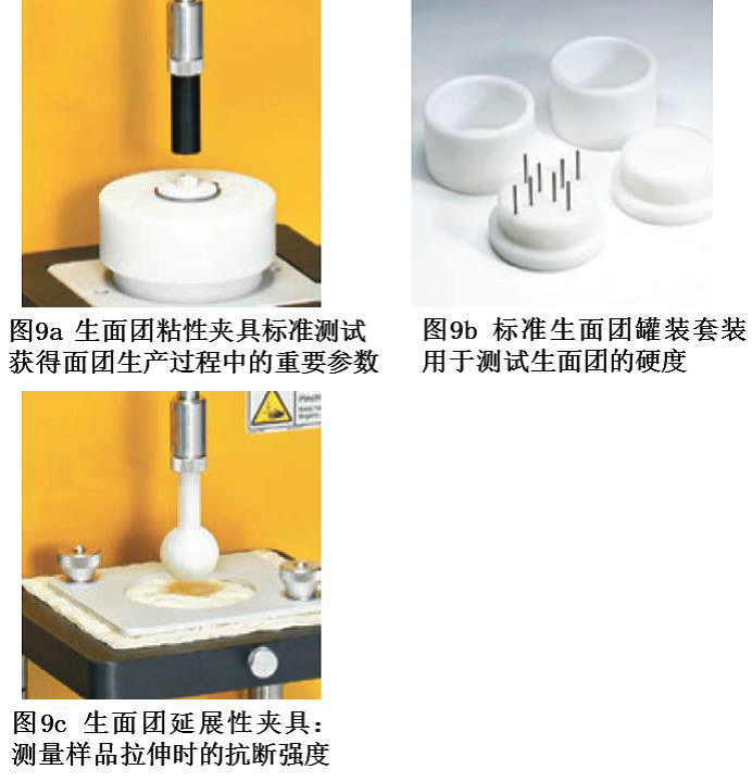图9a生面团粘性夹具标准测试获得面团生产过程中的重要参数,图9b标准生面团罐装套装用于测试生面团的硬度,图9c生面团延展性夹具:测量样品拉伸时的抗断强度—无麸质食品的质构分析