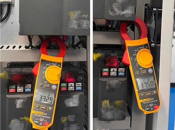 使用F319测试变频器的输入（左33A）和输出电流（右37A），属于正常的差异状态。